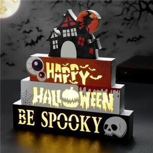 Halloween Decorations Indoor 9.4" 4-Tier Wooden Block Set with Glowing 3D